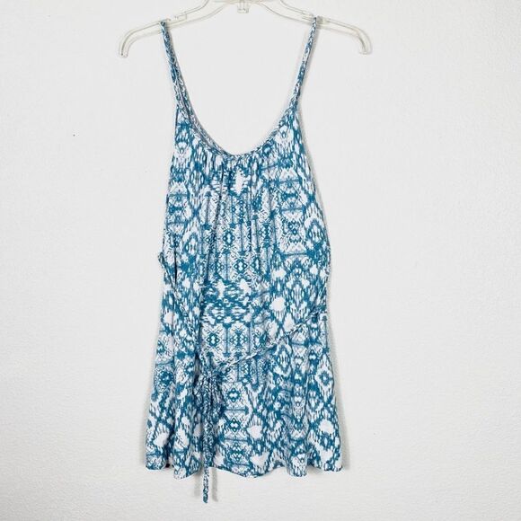 Motherhood Maternity Blue & White Ikat Dye Braided Strap Tie Waist Tank Top - Picture 1 of 5